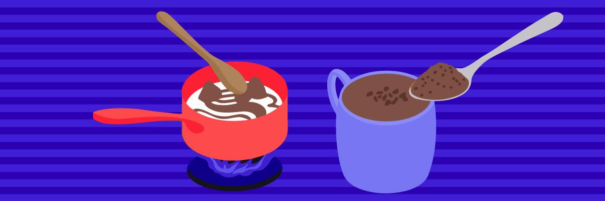 A saucepan over a stove containing whole chocolate and milk and a spoon containing cocoa powder over a mug of milk.