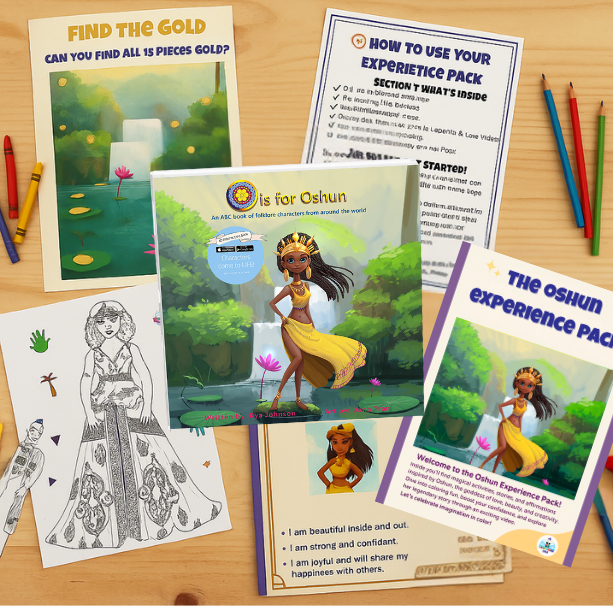 The Oshun Experience Pack – printable activity sheets, affirmation page, AR coloring pages, and O is for Oshun hardcover book displayed on a colorful background with gold and nature elements.