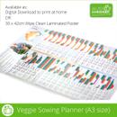 Wide view of an A3 veggie sowing planner with colourful monthly planting charts, shown as a laminated poster, with text noting digital download or wipe-clean print options.