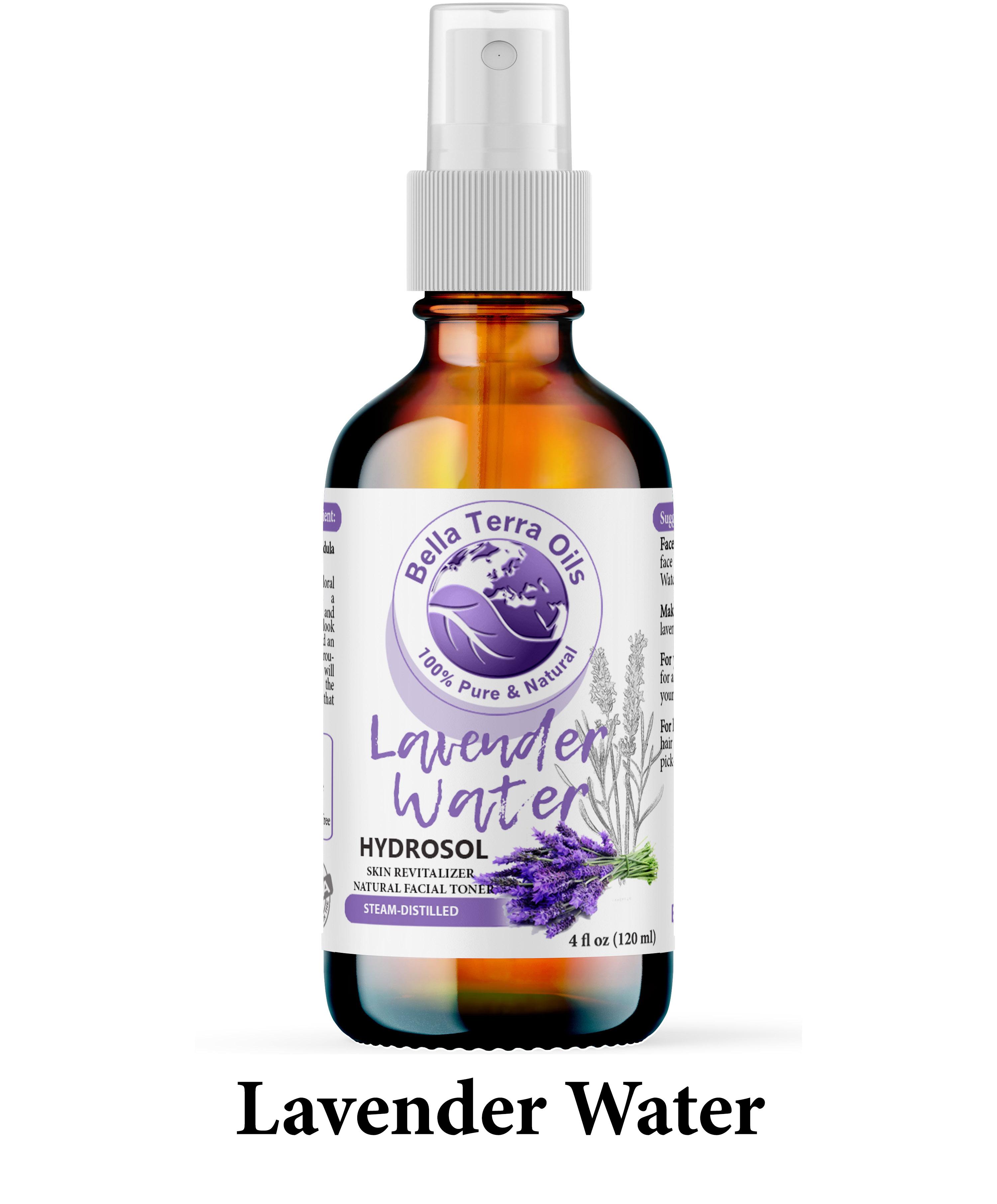 Bella Terra Oils Lavender Water in an amber spray bottle, identified as a steam-distilled hydrofoil skin revitalizer and natural facial toner, with an image of lavender sprigs on the label, perfect for soothing and toning the skin.