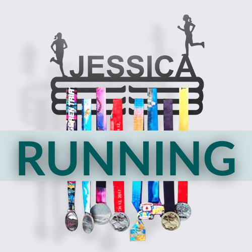 Personalized Running Medal Hanger in matte black steel with a custom name — Athlete's Gift Shop