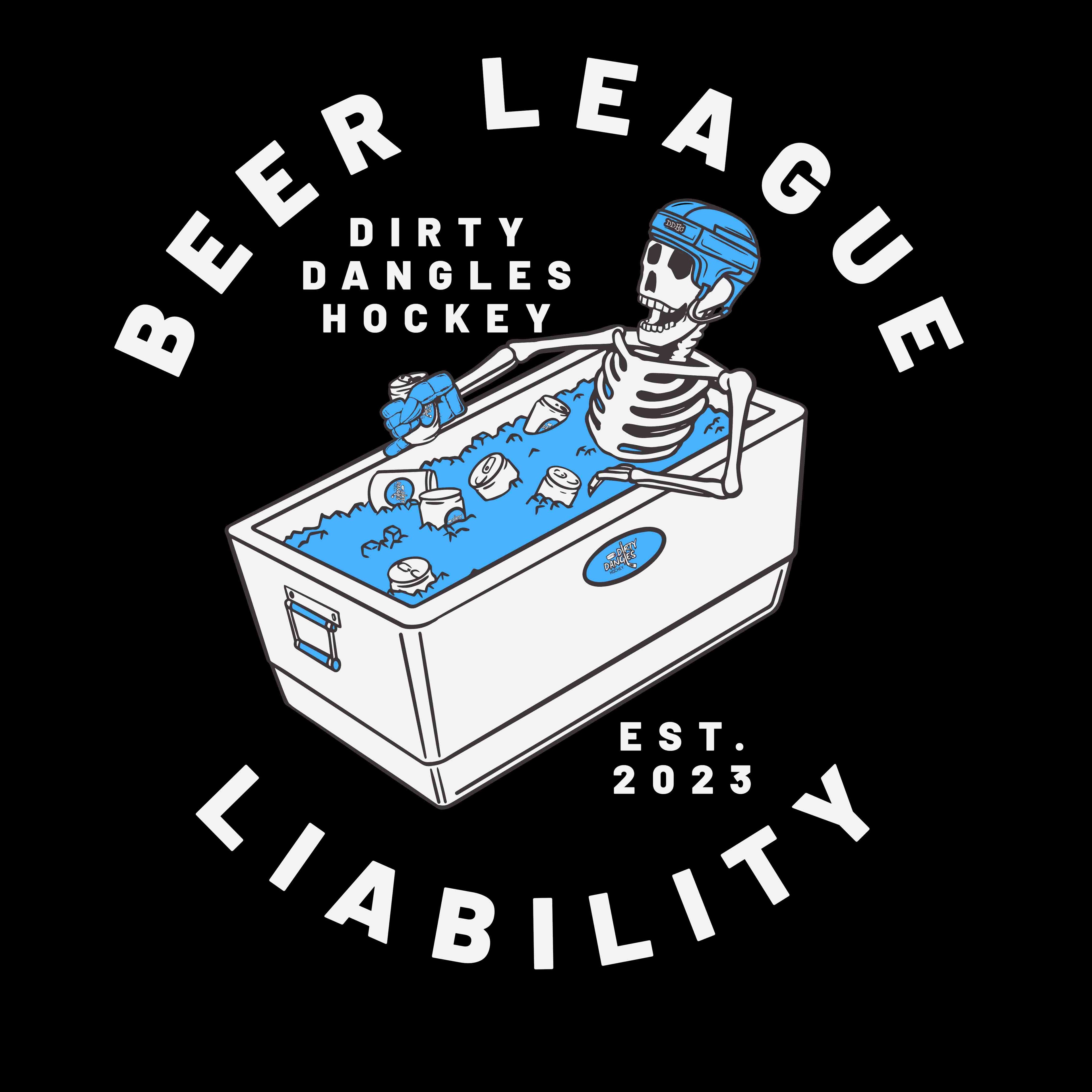 a skeleton drinking a beer while sitting in a cooler of ice. beer league liability dirty dangles hockey est 2023