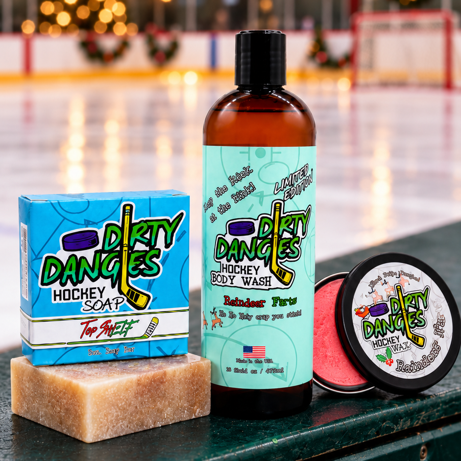 Dirty dangles reindeer farts Christmas stick wax and body wash with top shelf Christmas hockey soap in an ice rink with festive Christmas decor.