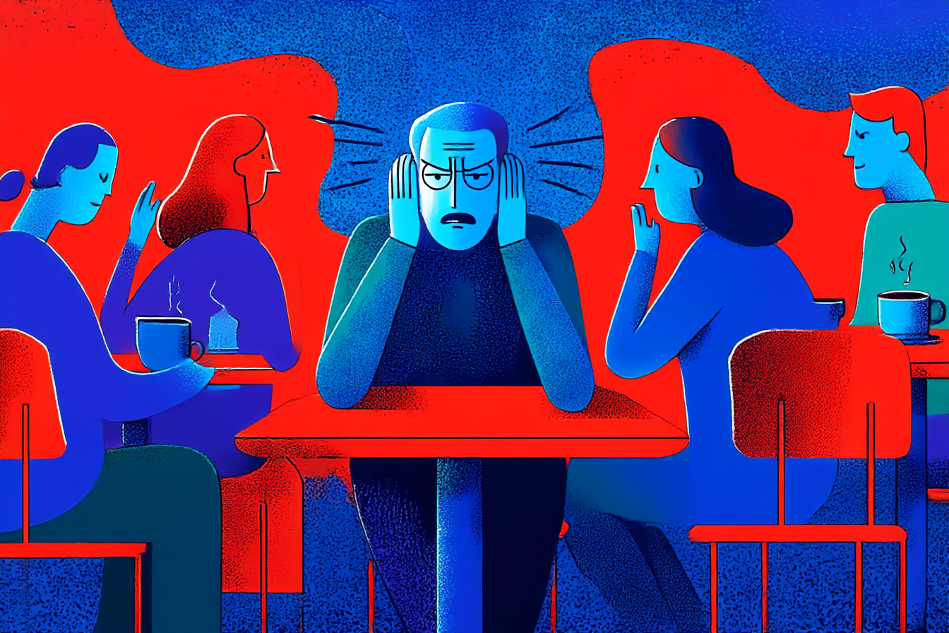 A man with hyperacusis sitting at a table, surrounded by people talking.
