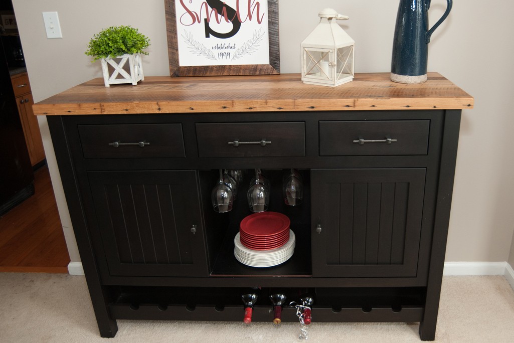black maple wine cabinet with barnwood top