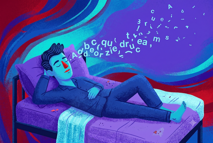 Man asleep in bed as scattered letters drift away — editorial illustration on affirmations before bed.