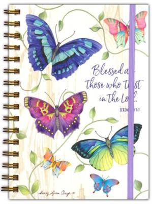 spiral journal with several colorful butterflies and verse "Blessed are those who trust in the Lord"