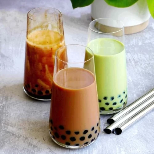 different types of boba tea in glasses