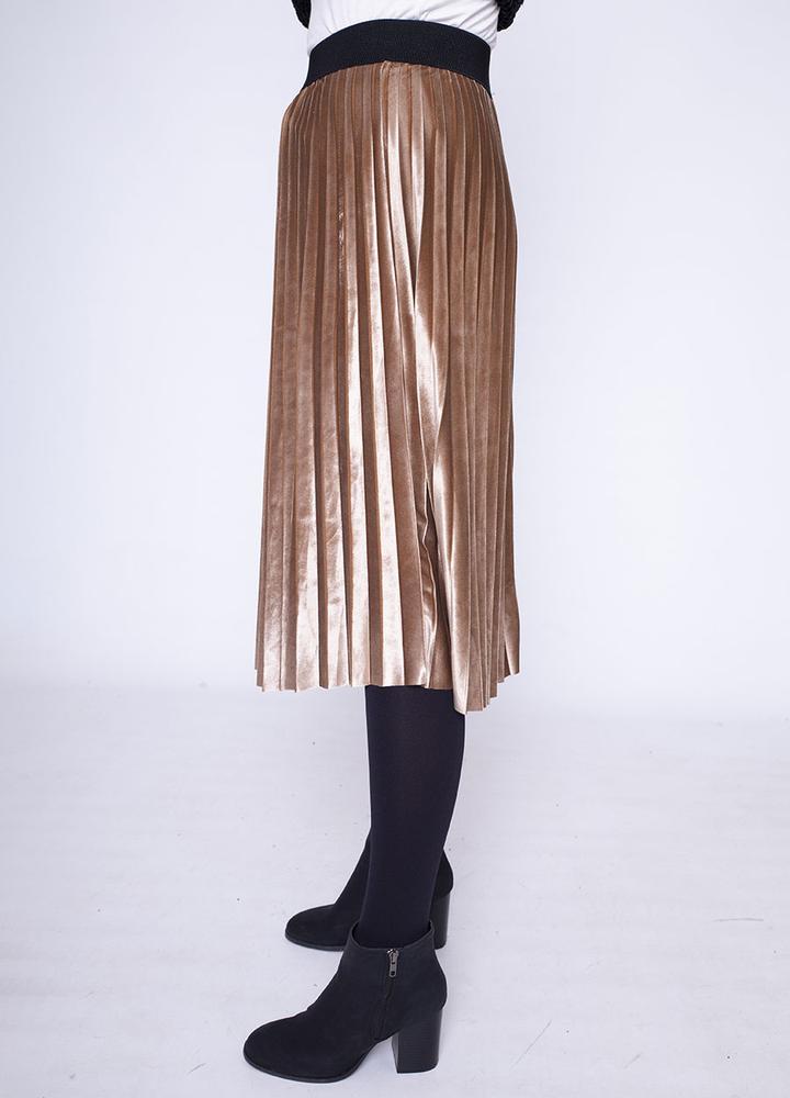 Stretch Waist Pleat Velvet Skirt in Rose Pink