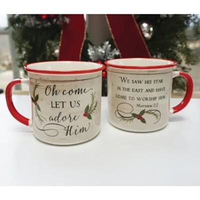 2 mugs with red handles and holly decorations "O come let us adore him" and "We saw his star in the east and have come to worship him"