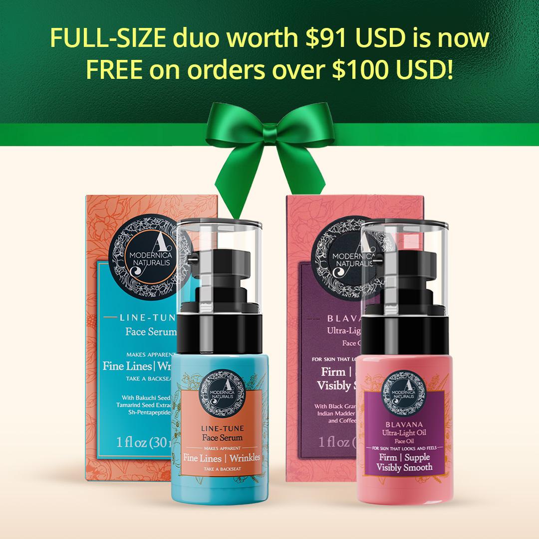 Dyumati pack with Ribbon text: FULL-SIZE duo worth $86 USD is now FREE on orders over $100 USD!