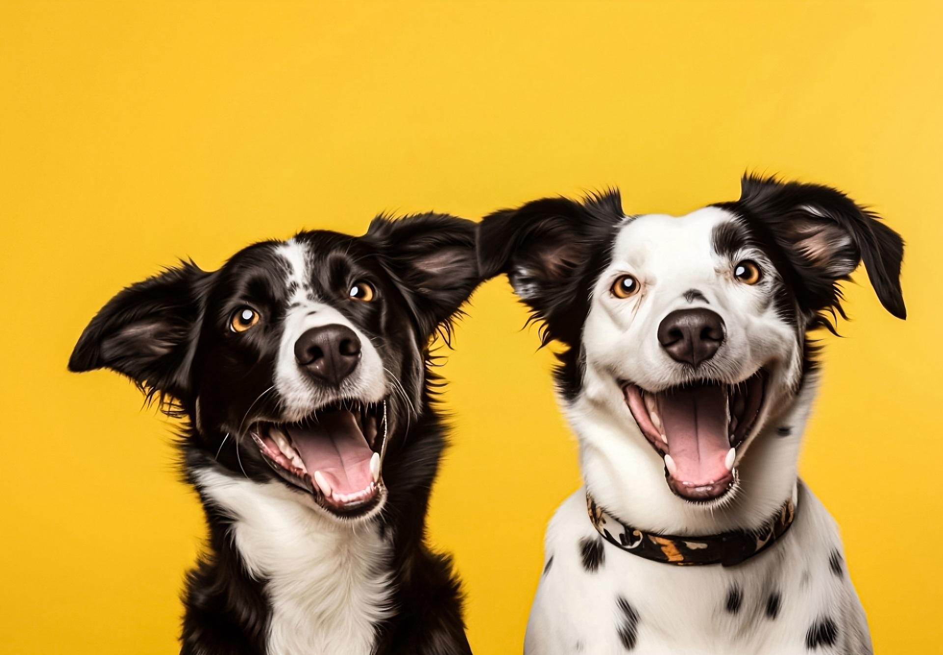Cute white doggy family: funny couple of dogs in hats