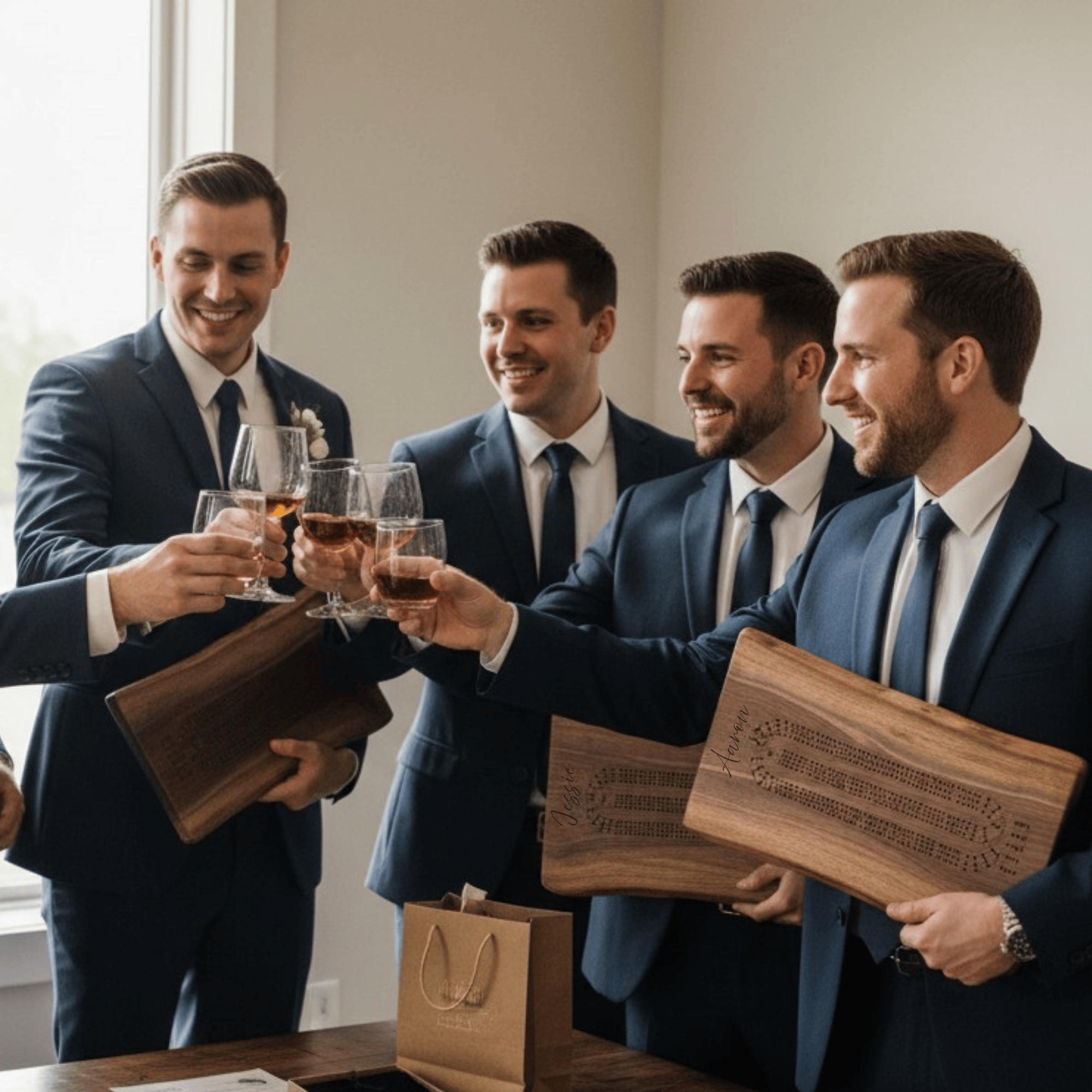 personalized live edge walnut crib board sets given to groomsmen as thank you gifts
