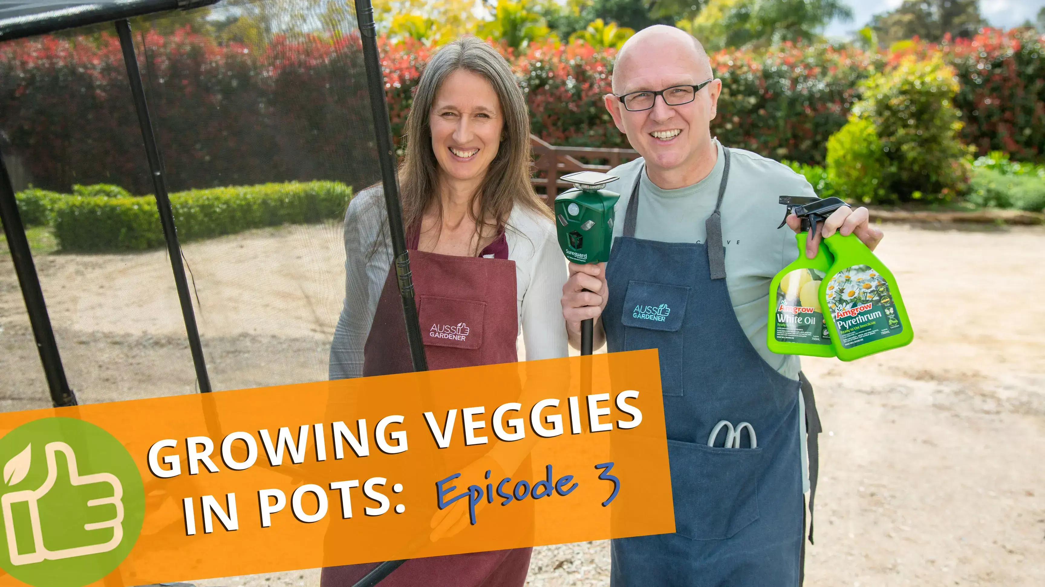 Episode 3 of Growing Veggies in Pots with Brian and Kaylene holding pest control products.