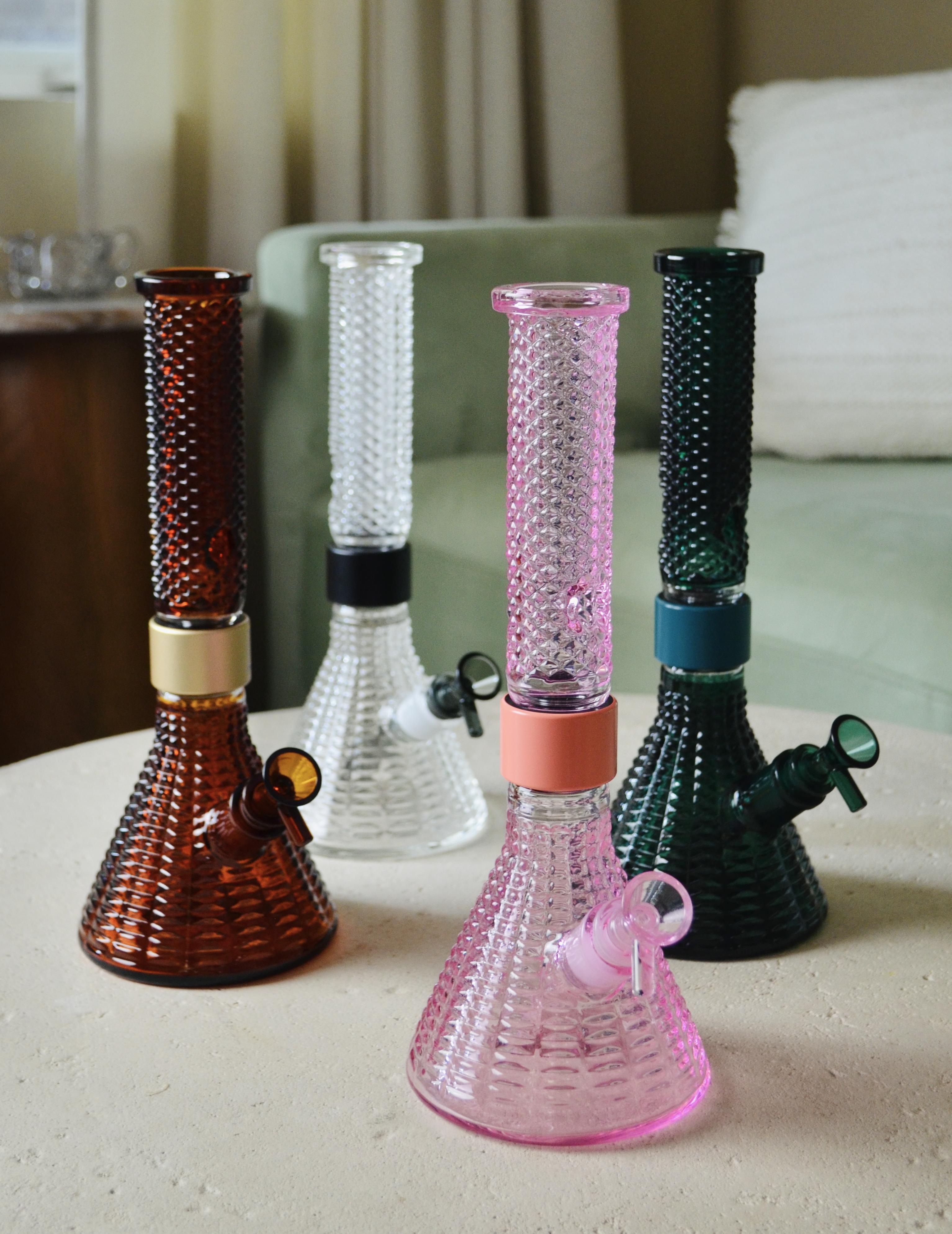 Amber, Clear, Pink Lemonade, and Teal Prism x Jane West MINI beakers with textured glass and art deco-inspired design lifestyle shot