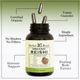 Bottle of Herbal Roots organic reishi with capsules coming out of the top of the bottle. Lines come from the bottle with text that say Immune support, fruiting body extract, single ingredient, no binders no filler, vegan capsules, certified organic.