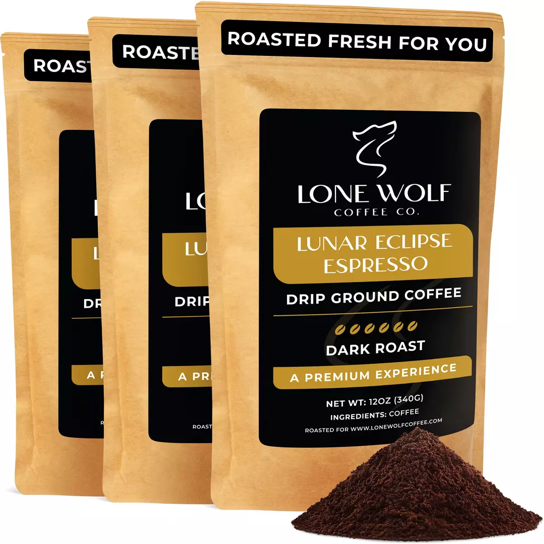 Three 12oz bags of Lone Wolf Coffee’s Lunar Eclipse Espresso Dark Roast Drip Ground coffee bag product photo