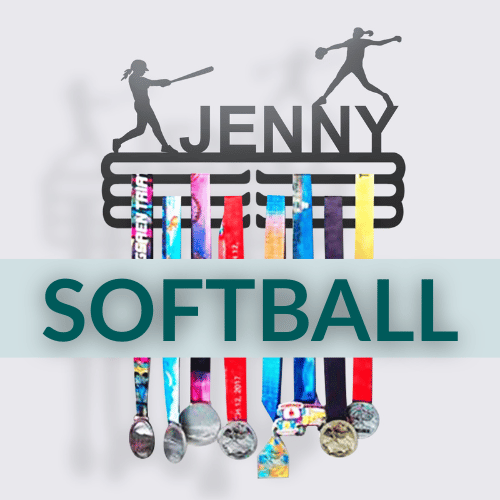 Personalized Softball Medal Hanger in matte black steel with a custom name — Athlete's Gift Shop